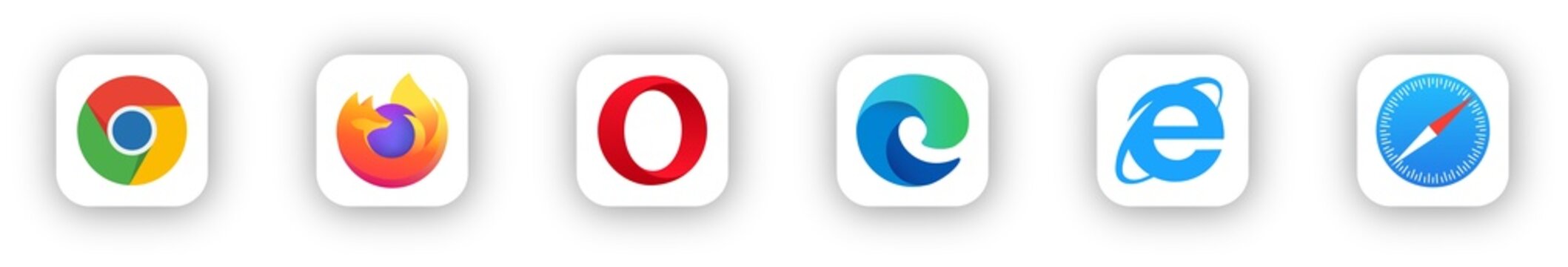Mozilla Firefox, Microsoft Edge, Google Chrome, Opera, Safari, Internet Explore - popular internet browsers on transparent background. Buttons of popular browsers with realistic shadow. PNG image