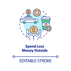 Spend less money outside concept icon. Finance saving. Work from home benefits abstract idea thin line illustration. Isolated outline drawing. Editable stroke. Arial, Myriad Pro-Bold fonts used