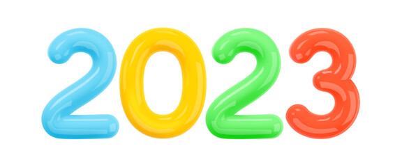2023 3d Realistic Colorfull Multicolored Glossy Plastic Number. Merry Christmas and Happy New Year 2023 greeting card. Cartoon style numbers isolated on white background. 3d Vector illustration