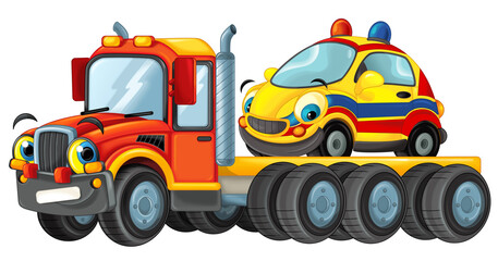 cartoon tow truck driving with load other car isolated