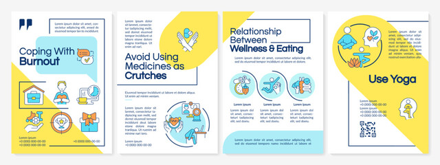 Cope with burnout blue and yellow brochure template. Care of yourself. Leaflet design with linear icons. Editable 4 vector layouts for presentation, annual reports. Questrial, Lato Regular fonts used © bsd studio