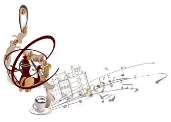 Coffee music. Abstract treble clef decorated with coffee wave, beans and a cup. Hand drawn vector illustration. - 542950856