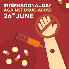 International Day Against Drug Abuse June, 26th. Illustration of drugs abuse patient surrounding by many drugs