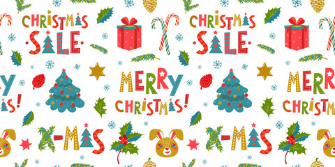 Christmas and New Year seamless background with Christmas toys and gifts, fir-tree, cones, hares. Vector design template.