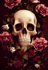 Generative AI render of a  human skull and roses