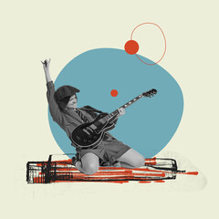 Musician. Stylish emotional woman playing guitar over abstract background. Collage or design in...