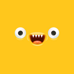 Vector funny blue monster face with open mouth with fangs and eyes isolated on orange background. Halloween cute and funky monster design template for poster, banner and tee print