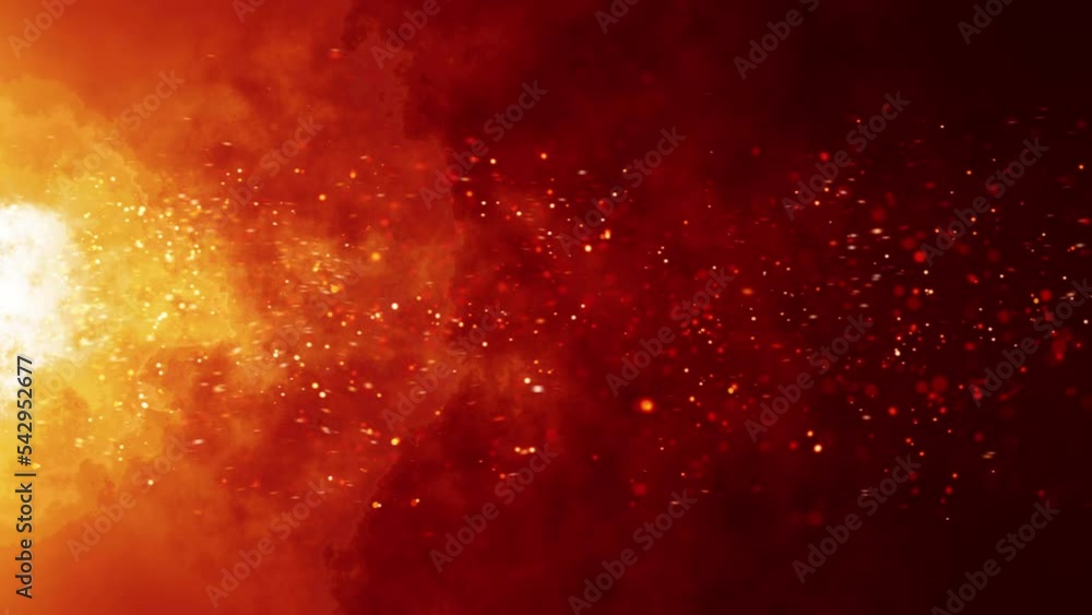 Poster loop fire particles and flow from left to right on orange red cloud background cinematic background.