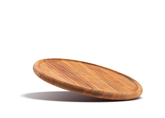 Round wooden pizza board falling on a white background. Food preparation. Culinary background. - Powered by Adobe