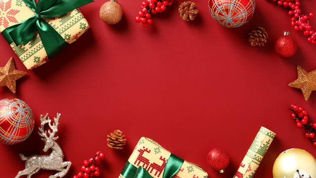 Vintage Christmas Background With Gifts, Xmas Decorations, Baubles On Red Table. Flat Lay, Top View.