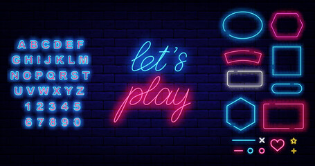 Lets play neon lettering. Various frames collection on brick wall. Glowing blue alphabet. Vector stock illustration
