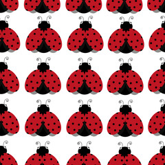 Seamless pattern with ladybugs on a white background. Background with summer insects of red color. An insect with polka dots.