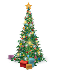 Obraz premium 3D illustration of Christmas tree full decorated with gift box isolated on transparency background.