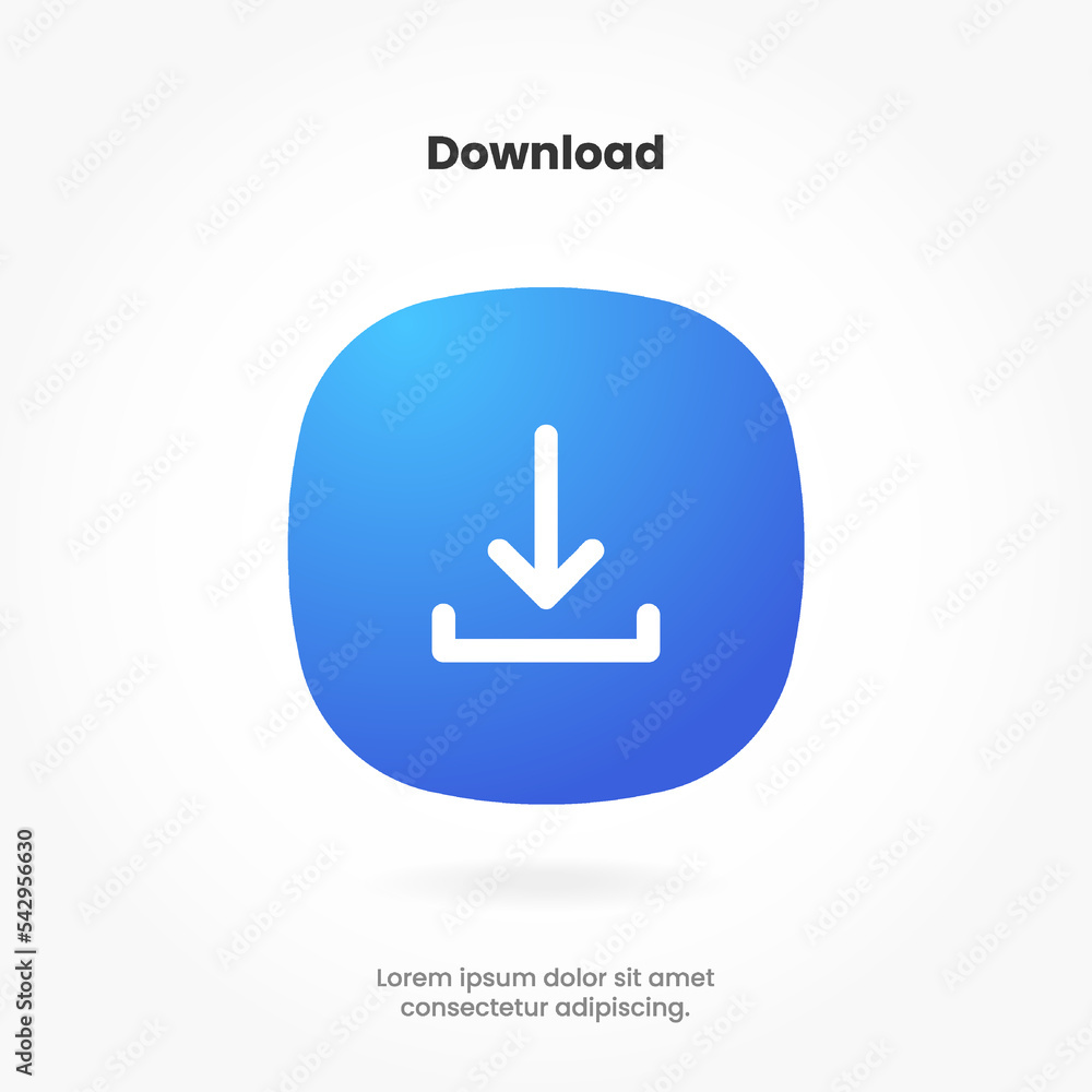 Poster 3d blue download button icon. upload icon. down arrow bottom side symbol. click here button. save cl