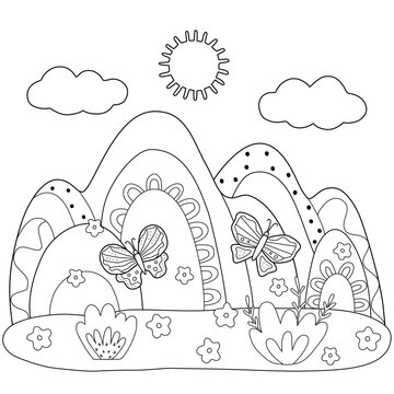 Childish mountains and butterflies in hand drawn doodle style. Fairy tales landscape for kids coloring pages. Vector with editable stroke.