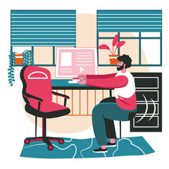 Different people exercise in the workplace scene concept. Man exercising on break, stretching arms sitting on chair. Office work people activities. Illustration of characters in flat design