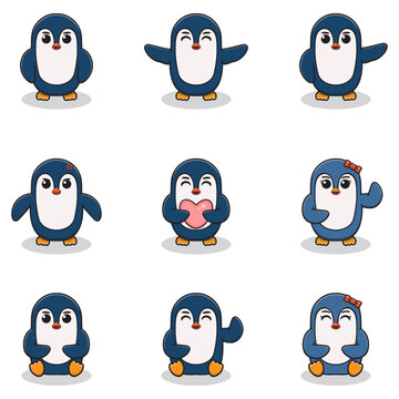 Vector illustration set of Penguin cartoon. Bundle of cute Penguin set. Set of animals. Cartoon and vector isolated characters. A collection of animals in the children's style.