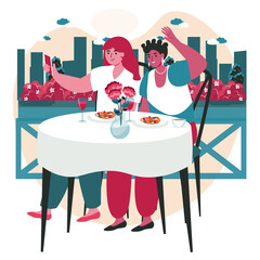 People use smartphones in different locations scene concept. Happy women taking selfie on mobile phone at meeting in restaurant people activities. Illustration of characters in flat design