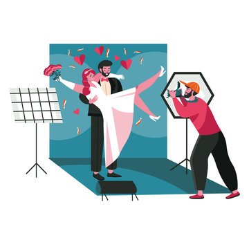 People work as photographers scene concept. Man makes wedding photo session to bride and groom in studio. Profession and hobby people activities. Illustration of characters in flat design