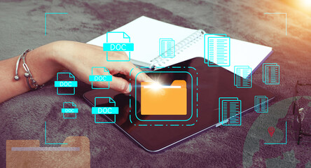Document management system concept, folder and document icon software, searching and managing files...