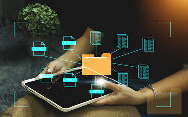 Document management system concept, folder and document icon software, searching and managing files online document database, for efficient archiving