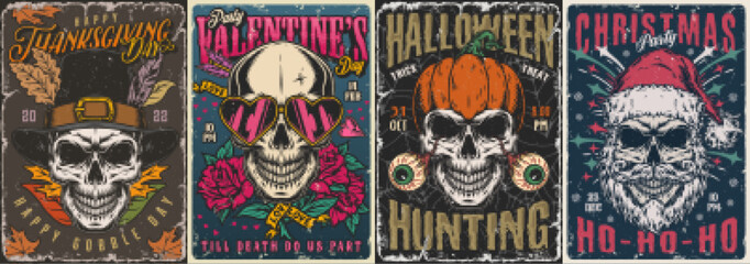 Skull party set posters colorful