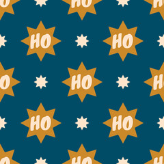 Christmas vector seamless pattern. Stars and text Ho Ho Ho. Colour palette Pop Art Style. Festive design for poster background, gift wrappers, textiles, fabric, prints, and web. Blue, beige, and gold.