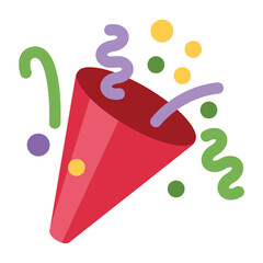 Party Popper vector icon. A party popper, as explodes in a shower of confetti and streamers at a celebration isolated sign design.