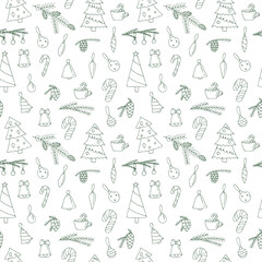 Seamless pattern of Christmas trees, twigs, cones and decorations vector illustration, hand drawing
