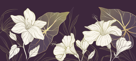 Botanical line bakground with flowers and leaves. Floral foliage for wedding invitation, wall art or card template. Vector illustration. Luxury rustic trendy art