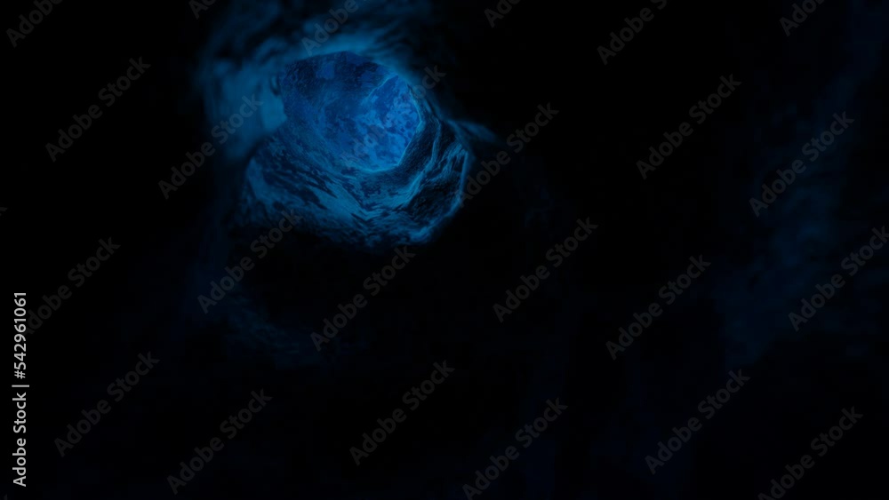 Poster endless camera span through a narrow dark uneven textured tunnel. 3d render