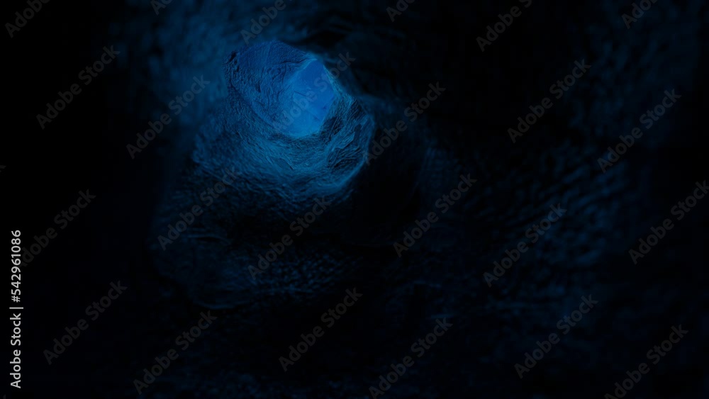 Poster endless camera span through a narrow dark uneven textured tunnel. 3d render