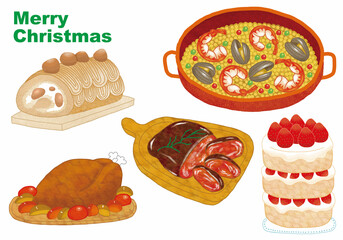 クリスマスパーティー　食べ物イラスト　文字入り