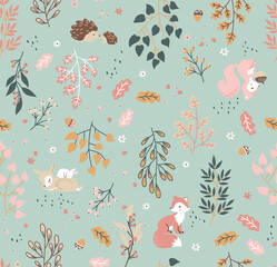Forest seamless pattern with cute animals - fox, deer, squirrel, rabbit, hedgehog. A pattern of leaves and berries. 