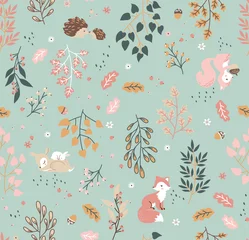 Forest seamless pattern with cute animals - fox, deer, squirrel, rabbit, hedgehog. A pattern of leaves and berries.  
