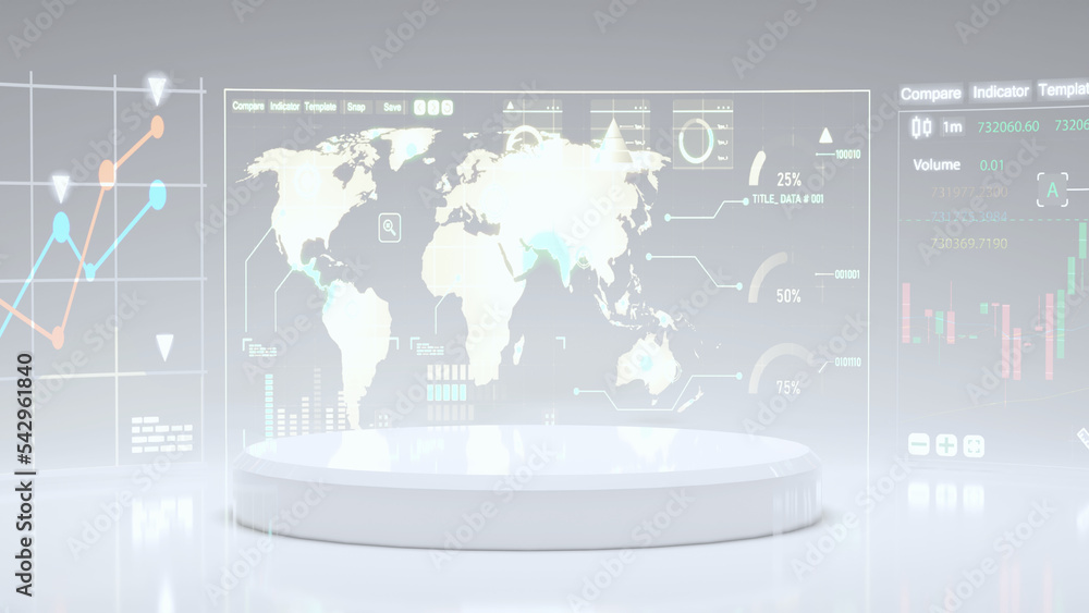 Poster 3d rendering of flat empty pedestal with glowing business charts and graphs. white podium with large