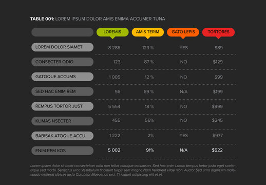 Simple dark flat color data table layout template