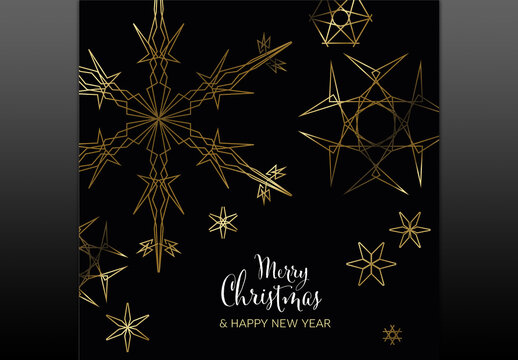 Winter Christmas card layout template with geometry golden snowflakes on black background