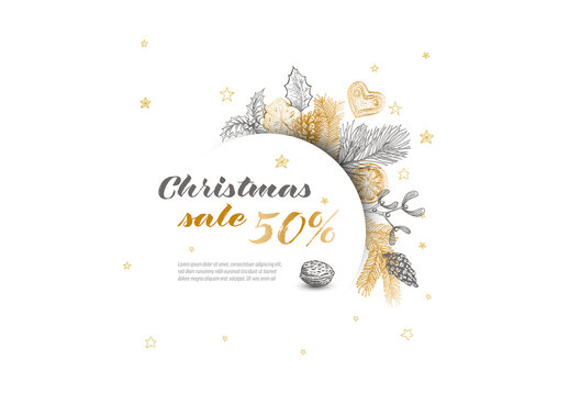 Vector vintage hand drawn Christmas sale card banner with golden gray elements