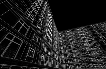 Modern building on black background linear 3d drawing