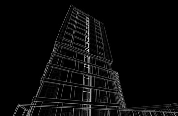 Fototapeta premium Modern building on black background linear 3d drawing