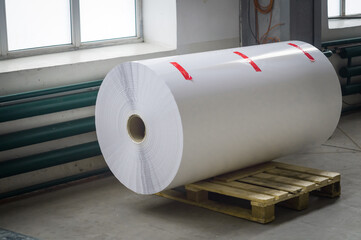 Large paper roll for typography. Flexographic white self-adhesive paper for the production of labels with color printing. Warehouse of materials in printing house. Jumbo roll. Selective focus