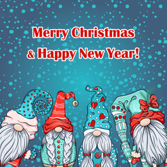 Christmas card with Scandinavian gnomes. Season greeting. Vector illustration in hand draw cartoon style © ennona