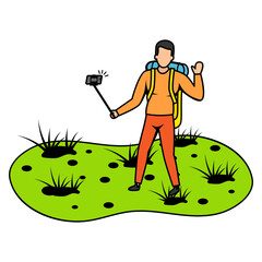 Travel blogger at peak vector color icon design, Outdoor weekend Activity symbol, Tourist Holiday Scene Sign, Happy people at Vacation stock illustration, young man trekker taking selfie with camera C