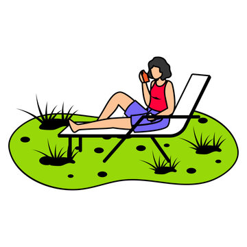 Women Taking Sun bath vector color icon design, Outdoor weekend Activity symbol, Tourist Holidays Scene Sign, Happy people at Vacation stock illustration, Girl Sitting on Chair and Enjoying Nature Con