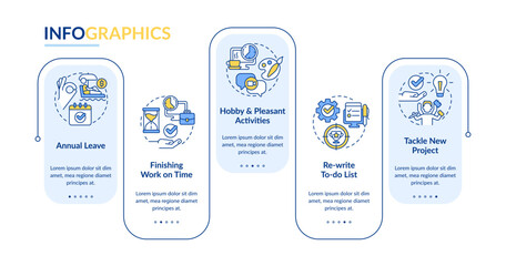 Burnout prevention rectangle infographic template. Employee mental health. Data visualization with 5 steps. Editable timeline info chart. Workflow layout with line icons. Lato Bold, Regular fonts used © bsd studio