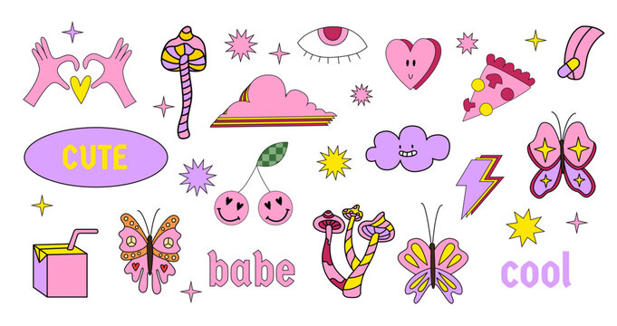 Sticker girly 90s. Vector set of pop stickers 2000 vibe. Retro 90s good vibe girly illustrations