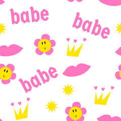 Girly Stickers seamless pattern 2000 vibe.  Square seamless background. Y2k pattern retro vibe. Crowns, lips, babe, daisy flower