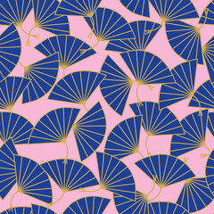Pink background and royal blue and gold fans seamless pattern background.  Perfect for fabric, scrapbooking, quilting, wallpaper and many more projects.