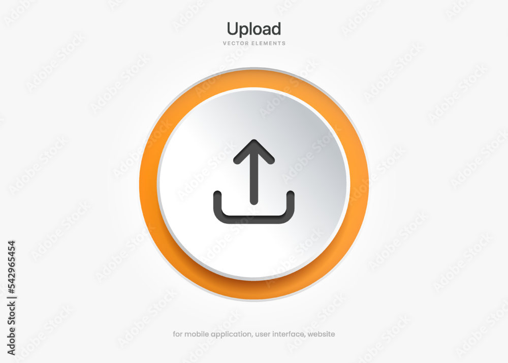 Aufkleber 3D orange upload download button icon. Upload icon. Down arrow bottom side symbol. Click here button. Save cloud icon push button for UI UX, website, mobile application.